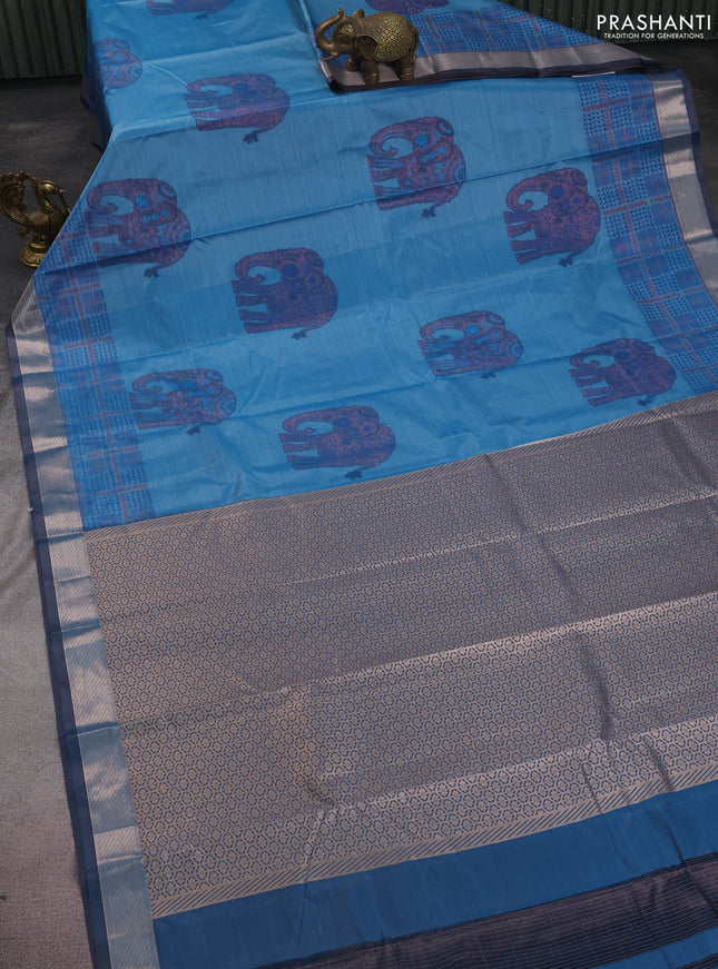 Bangalori semi silk saree teal blue with allover elephant ikat butta weaves and zari woven border