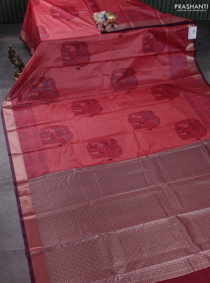Bangalori semi silk saree red and wine shade with allover elephant ikat butta weaves and zari woven border