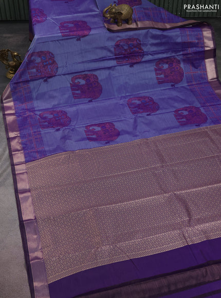 Bangalori semi silk saree dual shade of violet and purple with allover elephant ikat butta weaves and zari woven border