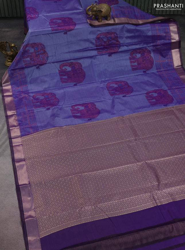 Bangalori semi silk saree dual shade of violet and purple with allover elephant ikat butta weaves and zari woven border