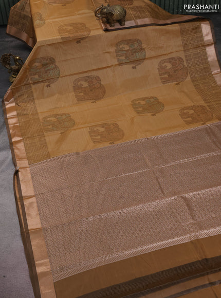 Bangalori semi silk saree dark sandal and brown with allover elephant ikat butta weaves and zari woven border