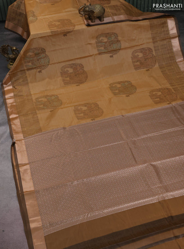 Bangalori semi silk saree dark sandal and brown with allover elephant ikat butta weaves and zari woven border