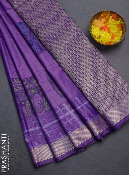 Bangalori semi silk saree purple with allover elephant ikat butta weaves and zari woven border