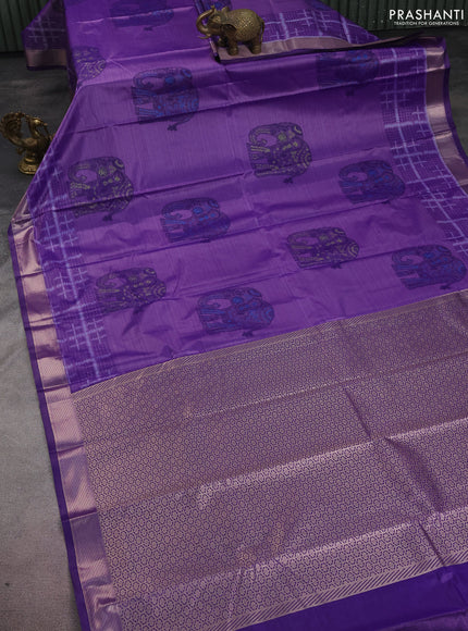 Bangalori semi silk saree purple with allover elephant ikat butta weaves and zari woven border