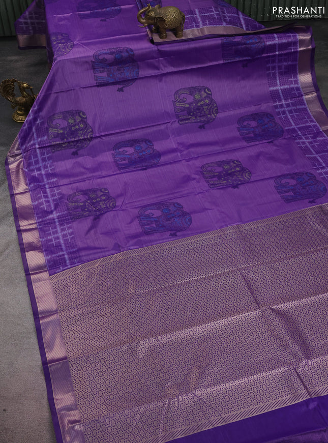 Bangalori semi silk saree purple with allover elephant ikat butta weaves and zari woven border
