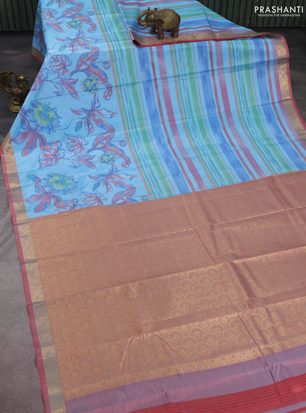Bangalori semi silk saree light blue and red shade with allover ikat weaves and zari woven border