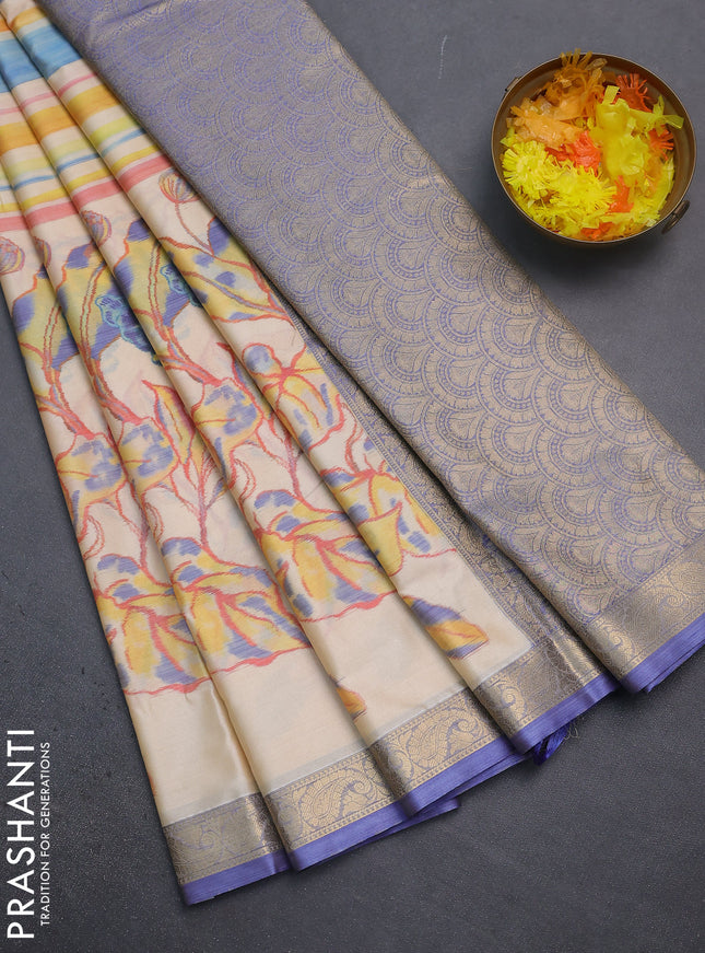 Bangalori semi silk saree sandal and blue with allover ikat weaves and zari woven border