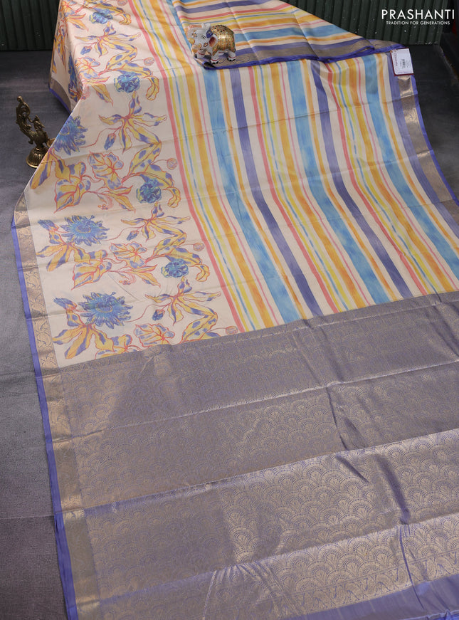 Bangalori semi silk saree sandal and blue with allover ikat weaves and zari woven border