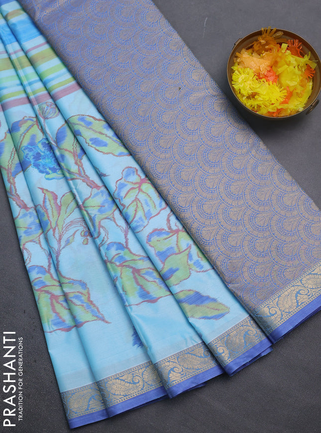 Bangalori semi silk saree light blue and blue with allover ikat weaves and zari woven border