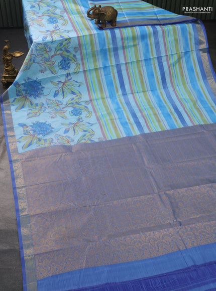 Bangalori semi silk saree light blue and blue with allover ikat weaves and zari woven border