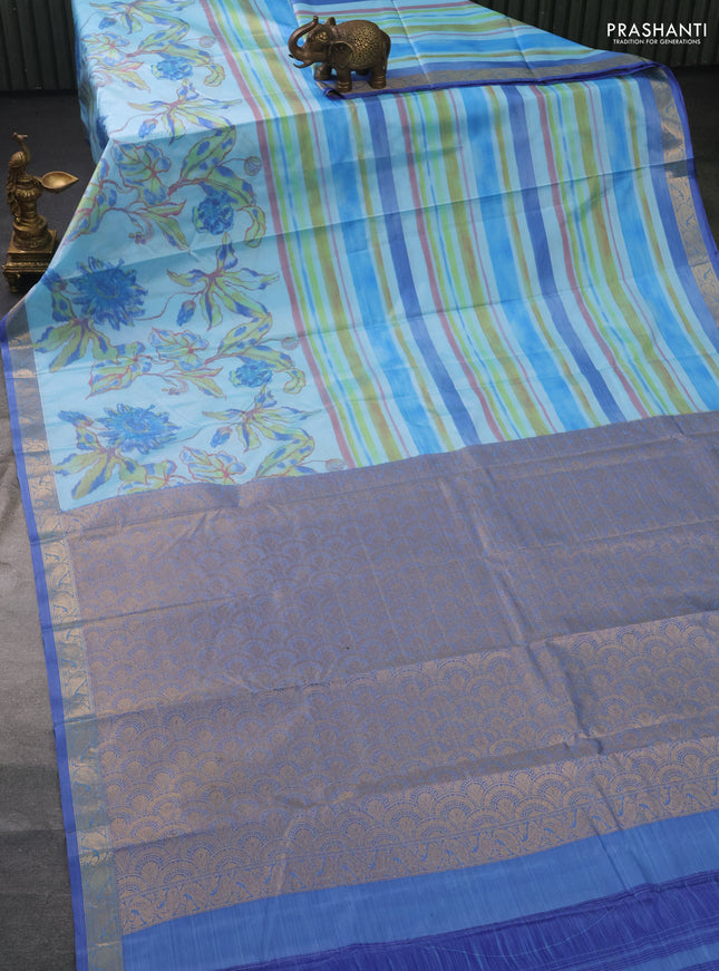 Bangalori semi silk saree light blue and blue with allover ikat weaves and zari woven border