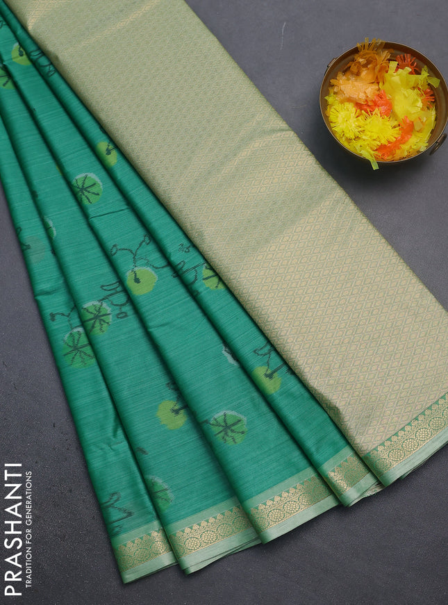 Bangalori semi silk saree teal green and light green shade with allover ikat butta weaves and zari woven border