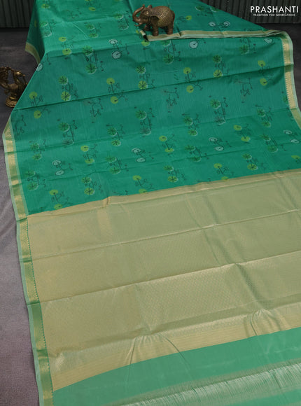 Bangalori semi silk saree teal green and light green shade with allover ikat butta weaves and zari woven border