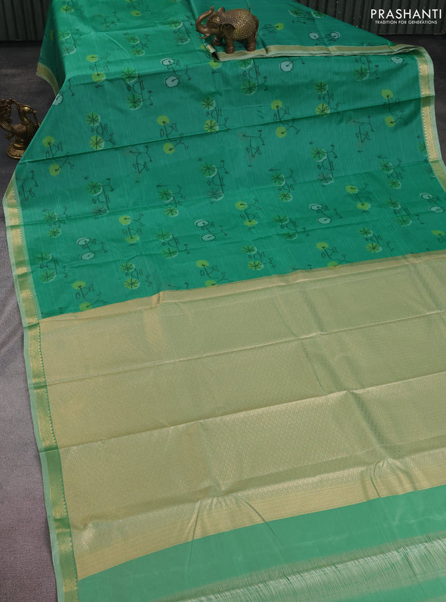 Bangalori semi silk saree teal green and light green shade with allover ikat butta weaves and zari woven border