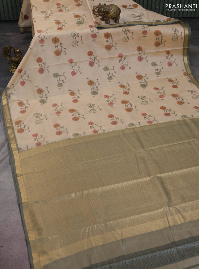 Bangalori semi silk saree beige and grey with allover ikat butta weaves and zari woven border