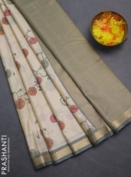 Bangalori semi silk saree cream and greyish green with allover ikat butta weaves and zari woven border
