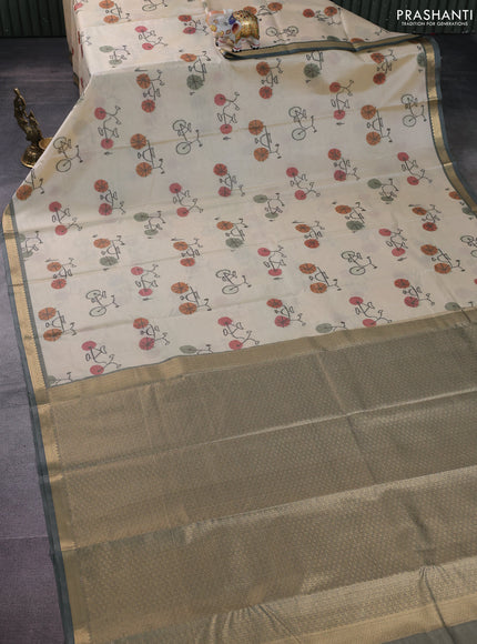 Bangalori semi silk saree cream and greyish green with allover ikat butta weaves and zari woven border