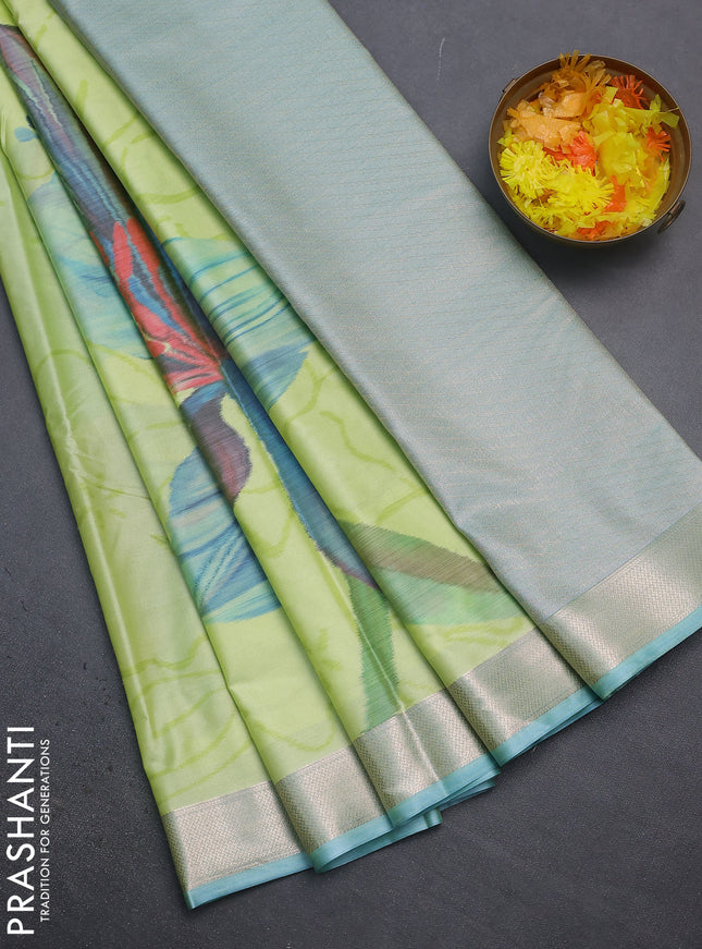 Bangalori semi silk saree pista green and light blue with allover ikat weaves and zari woven border