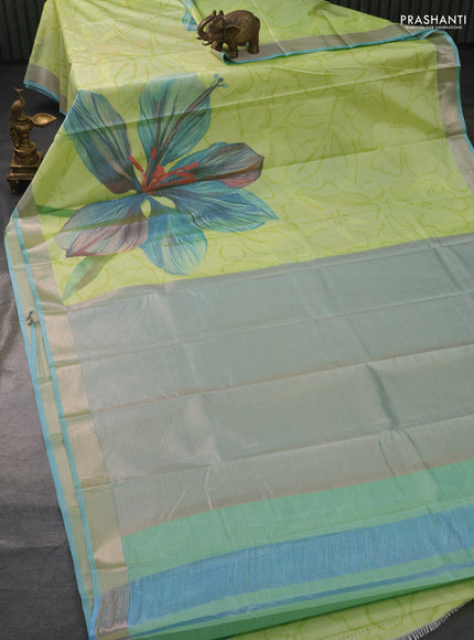 Bangalori semi silk saree pista green and light blue with allover ikat weaves and zari woven border