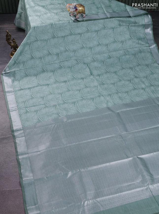 Bangalori semi silk saree pastel green with allover ikat weaves and zari woven border