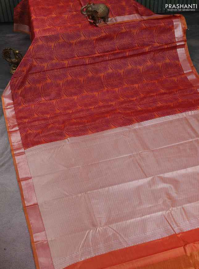 Bangalori semi silk saree orange with allover ikat weaves and zari woven border
