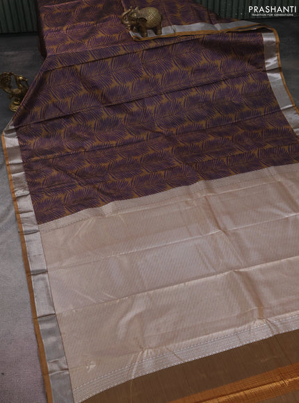 Bangalori semi silk saree dark mustard and violet with allover ikat weaves and zari woven border