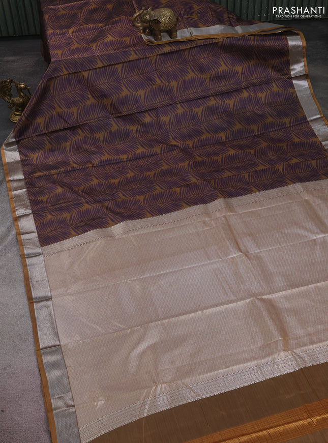 Bangalori semi silk saree dark mustard and violet with allover ikat weaves and zari woven border
