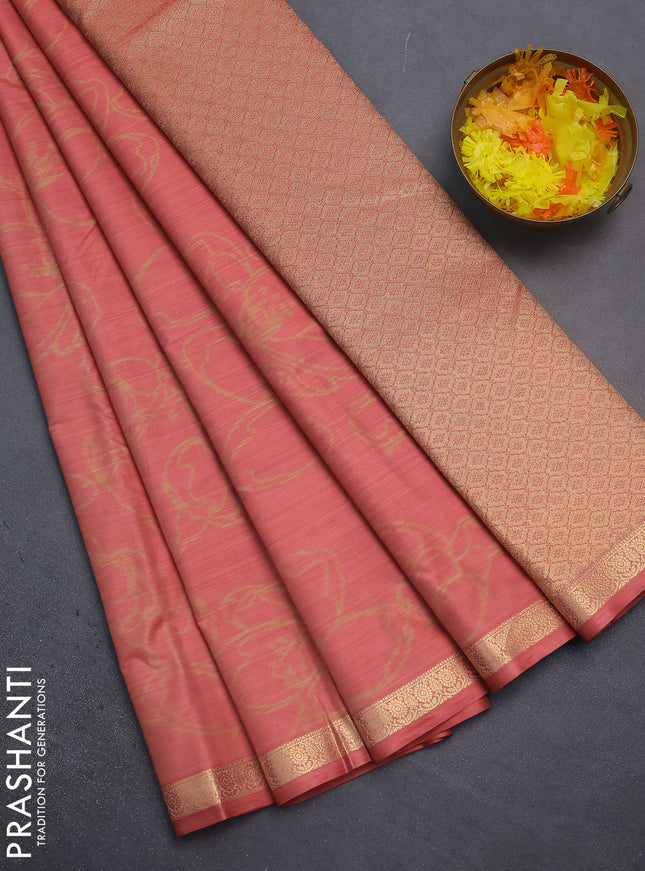 Bangalori semi silk saree peach shade with allover ikat weaves and zari woven border