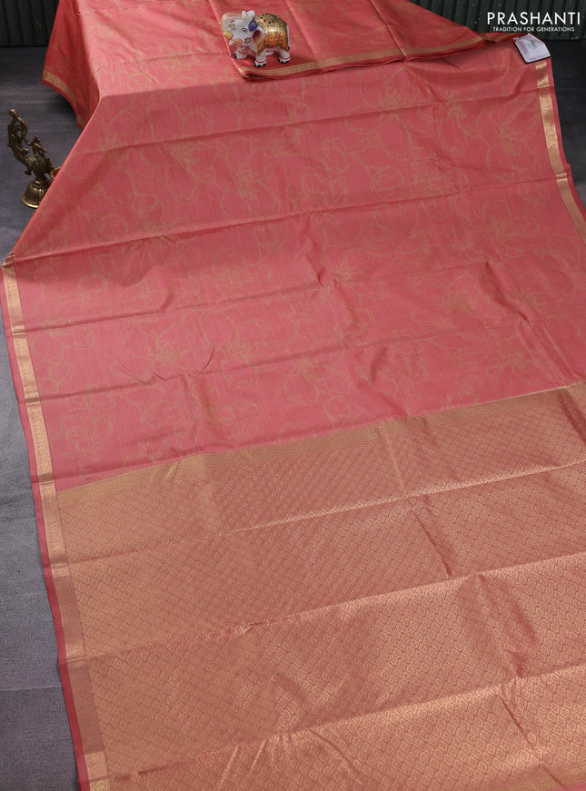 Bangalori semi silk saree peach shade with allover ikat weaves and zari woven border