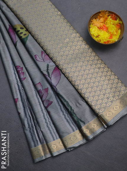 Bangalori semi silk saree grey with allover floral ikat weaves and zari woven border
