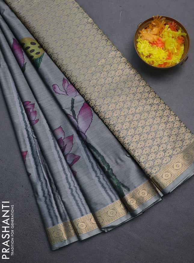 Bangalori semi silk saree grey with allover floral ikat weaves and zari woven border