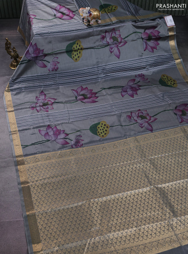 Bangalori semi silk saree grey with allover floral ikat weaves and zari woven border