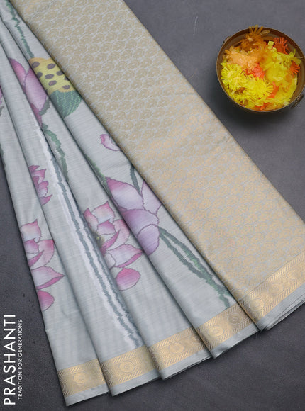 Bangalori semi silk saree pastel grey with allover floral ikat weaves and zari woven border