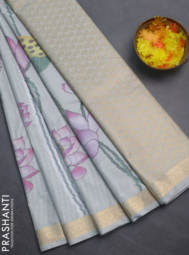Bangalori semi silk saree pastel grey with allover floral ikat weaves and zari woven border