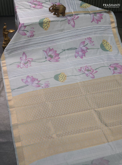 Bangalori semi silk saree pastel grey with allover floral ikat weaves and zari woven border