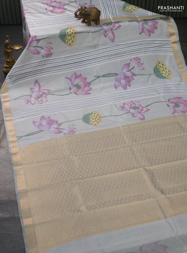 Bangalori semi silk saree pastel grey with allover floral ikat weaves and zari woven border