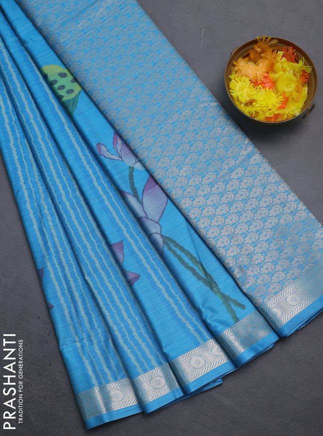 Bangalori semi silk saree light blue with allover floral ikat weaves and zari woven border