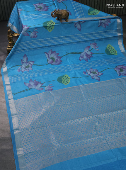 Bangalori semi silk saree light blue with allover floral ikat weaves and zari woven border