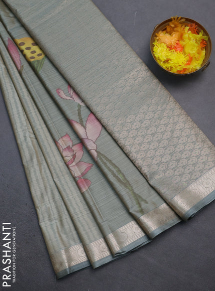 Bangalori semi silk saree grey with allover floral ikat weaves and zari woven border
