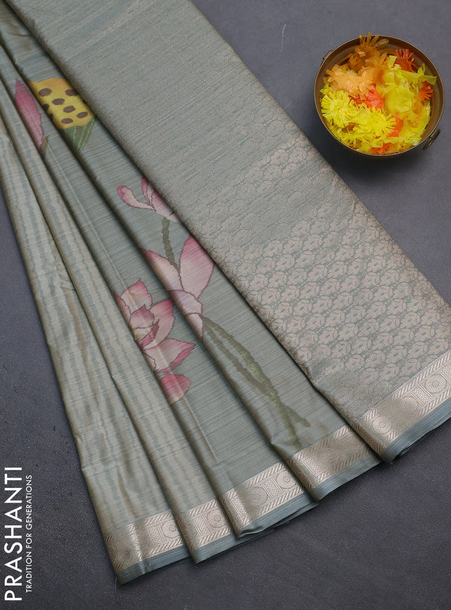 Bangalori semi silk saree grey with allover floral ikat weaves and zari woven border