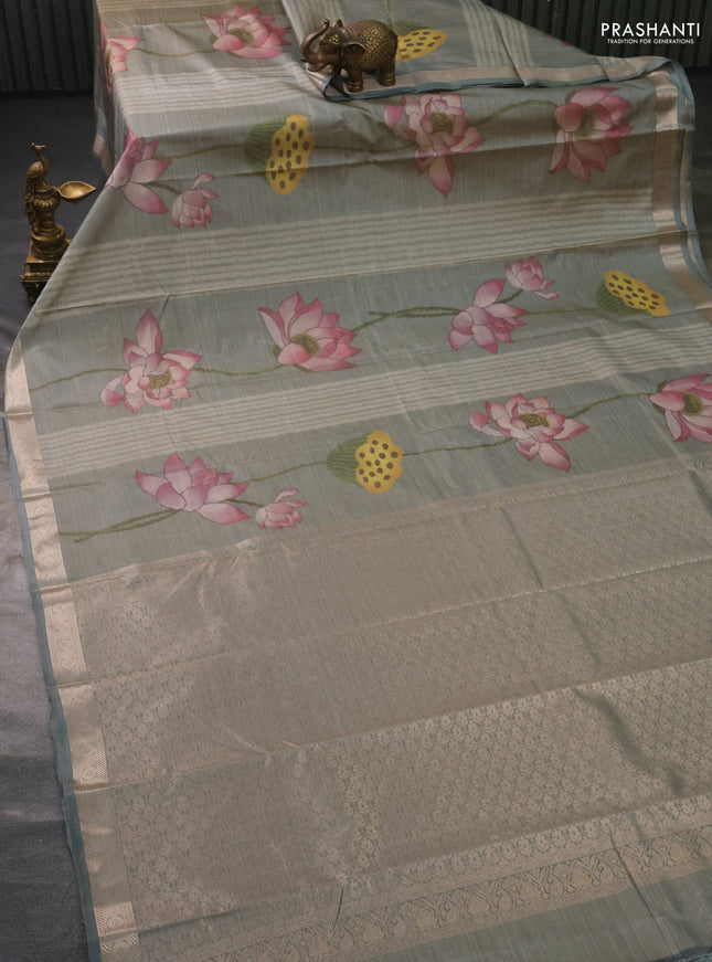 Bangalori semi silk saree grey with allover floral ikat weaves and zari woven border
