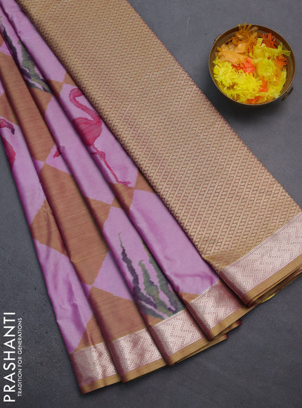 Bangalori semi silk saree mild purple and mehendi green with allover ikat weaves and zari woven border