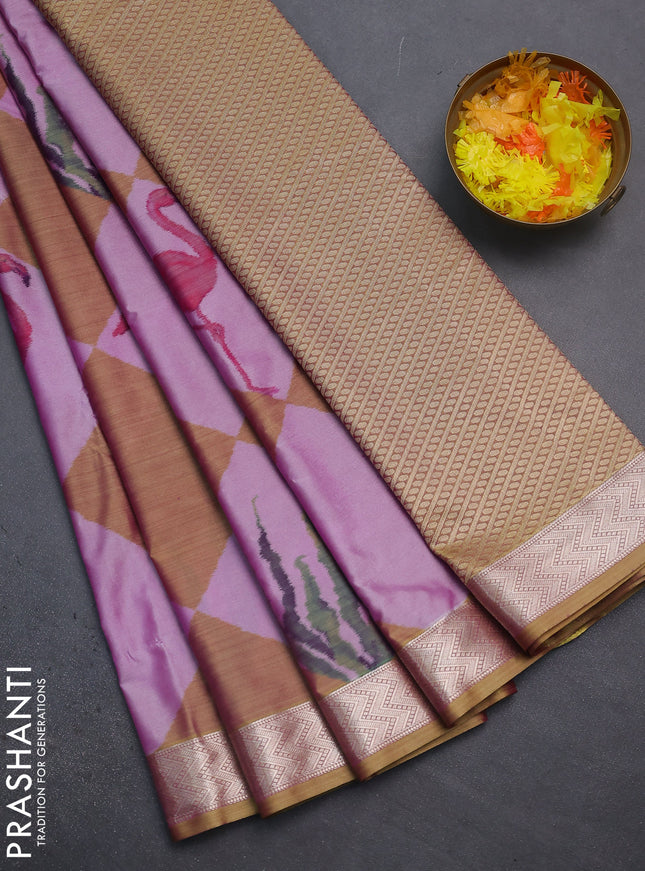 Bangalori semi silk saree mild purple and mehendi green with allover ikat weaves and zari woven border