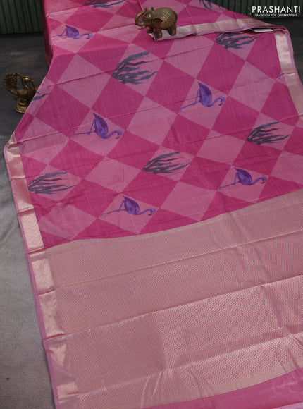Bangalori semi silk saree pastel pink and magenta pink with allover ikat weaves and zari woven border
