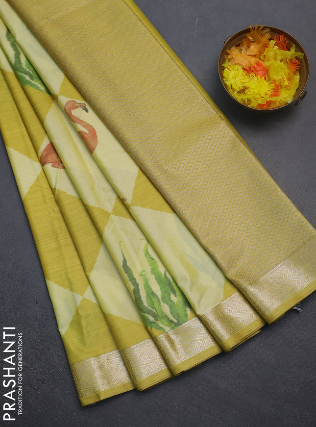 Bangalori semi silk saree lime yellow with allover ikat weaves and zari woven border