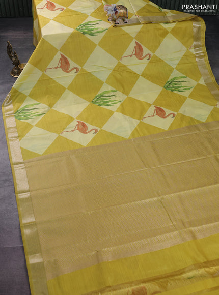 Bangalori semi silk saree lime yellow with allover ikat weaves and zari woven border
