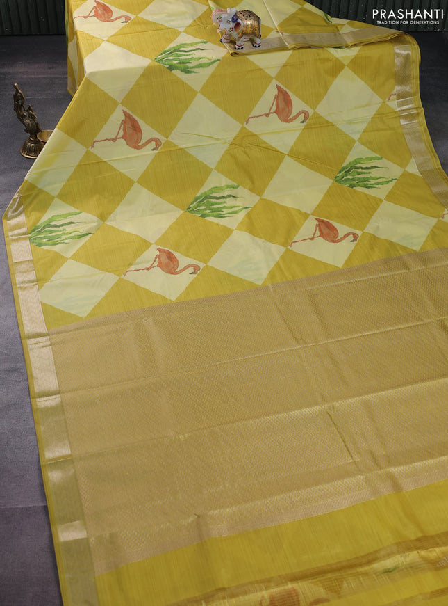 Bangalori semi silk saree lime yellow with allover ikat weaves and zari woven border