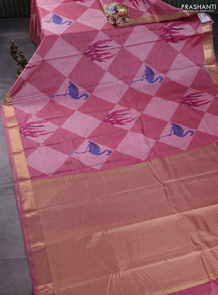 Bangalori semi silk saree pastel pink with allover ikat weaves and zari woven border
