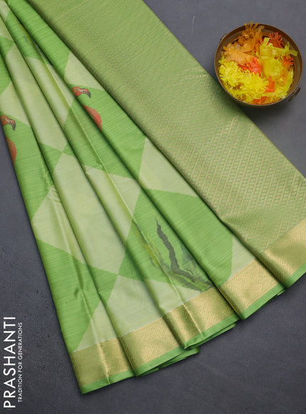 Bangalori semi silk saree lime green and light green with allover ikat weaves and zari woven border