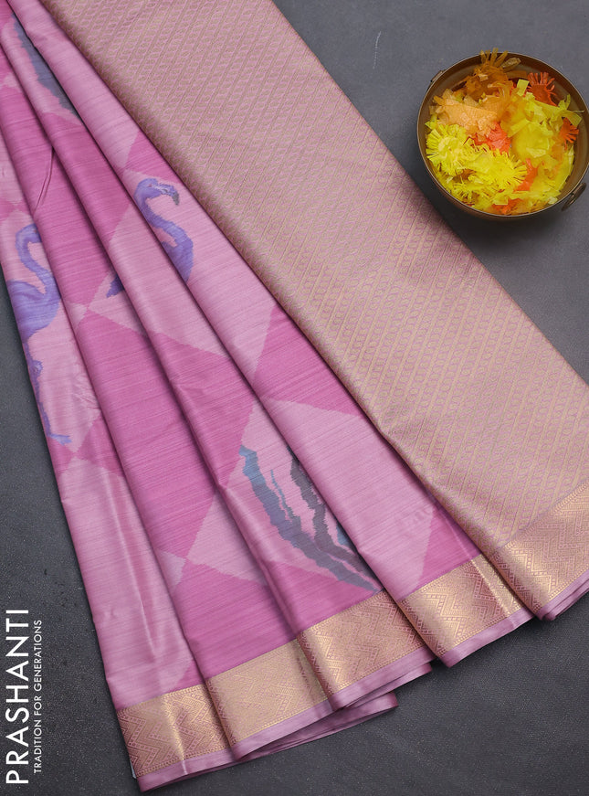 Bangalori semi silk saree pastel pink with allover ikat weaves and zari woven border
